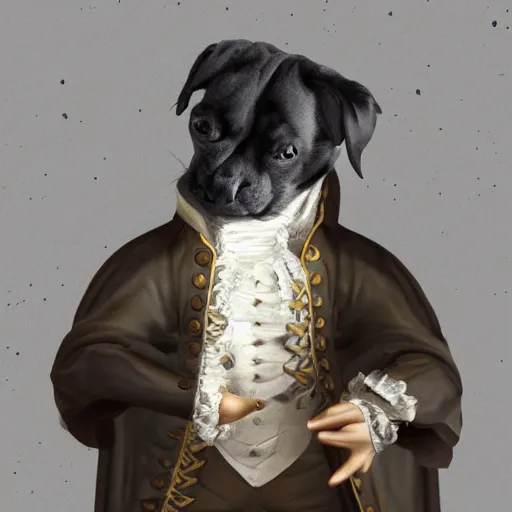 Prompt: dog, alexander hamilton style, beautiful costume, dark fantasy, liminal space, dark paradise, digital art, 4 k