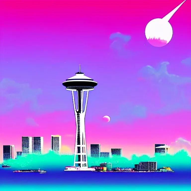 Prompt: a beautiful and balanced vaporwave scene depicting outrun and the space needle