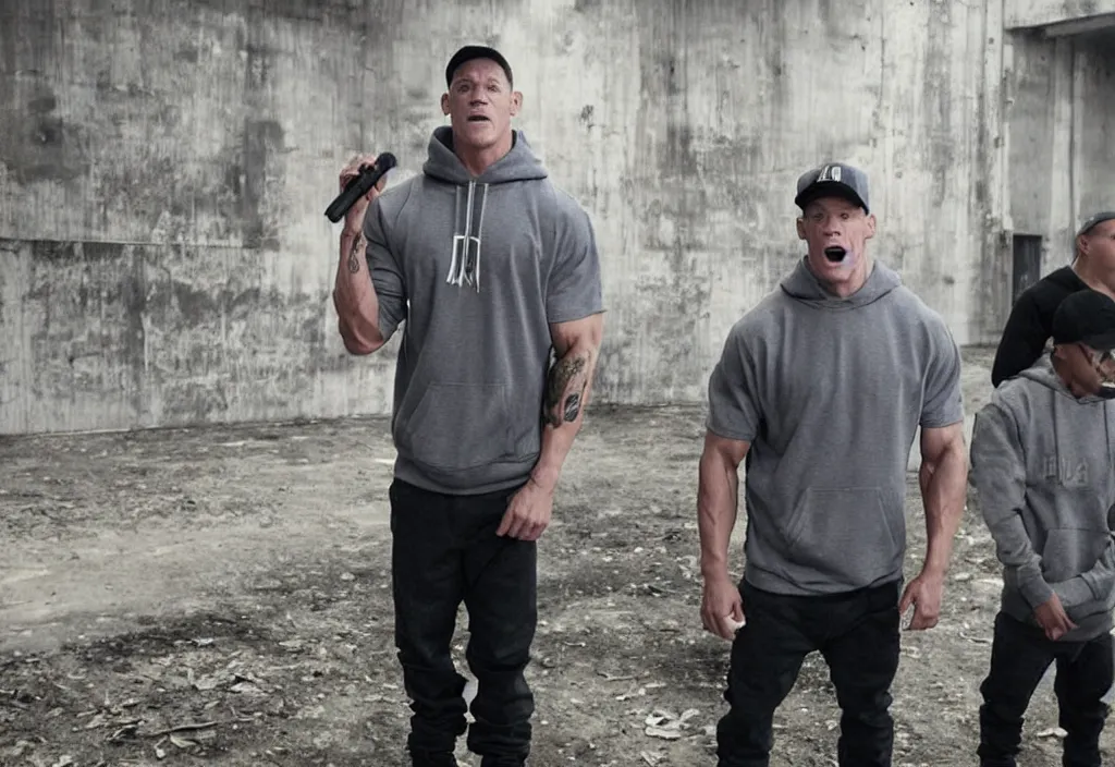 Image similar to john cena with a gray cap and a gray hoodie with the hood on. He's in a rap battle at an abandoned warehouse. A big crowd of people is watching. Lose yourself by eminem music video.