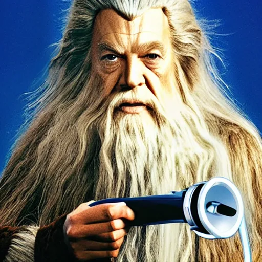 Prompt: gandalf as chewbacca, hair dryer commercial, hair dryer advertisement