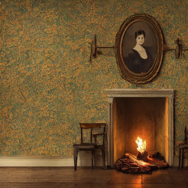 Prompt: a wall with antique wallpaper, in the center an oval painting depicting a victorian lady posing, under a fireplace with lighted candles on it, dark, disturbing atmosphere, highly detailed, unsettling, realistic oil painting