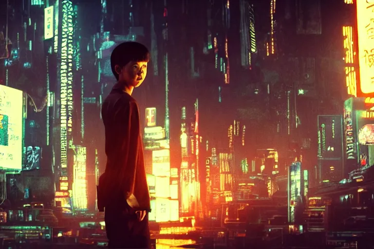 Prompt: an innocent thai boy with feathered middle part curtain hairstyle, robot, cyberpunk, blade runner, film still, 2 0 7 7, cyberpunk, dramatic lighting, intricate cyberpunk city,