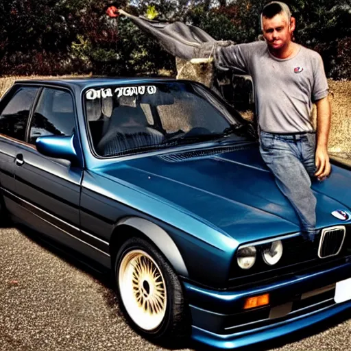 Prompt: evil Jason Stethem holds in his arms BMW e30