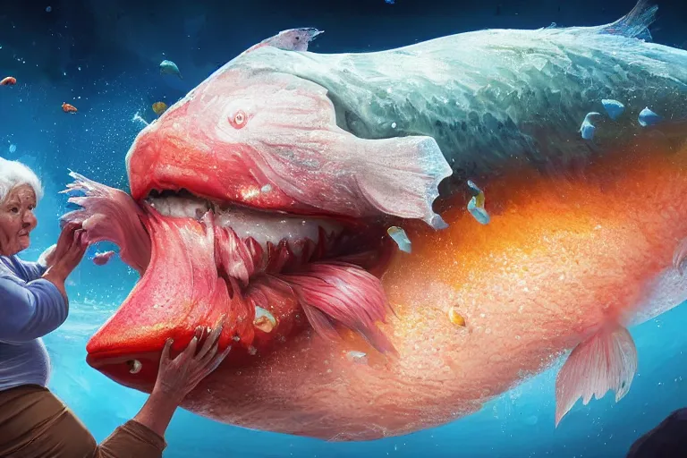 Prompt: of a very beautiful scene. ambient occlusion render. a sweet fat old woman is giving a birth to a huge colorful fish. hyper realistic. 4 k. wide angle. wild. symmetrical face, red mouth, blue eyes. deep focus, lovely scene. ambient occlusion render. concept art. unreal engine.