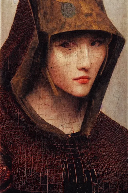 Prompt: a close - up portrait of a cyberpunk cyborg girl, by jan van eyck, rule of thirds