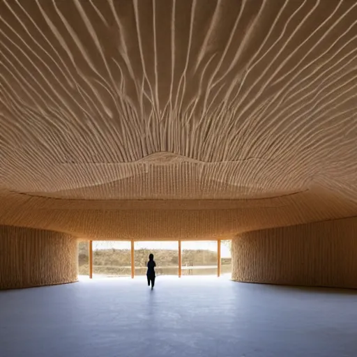 Image similar to indoor photo of a complex cultural building made of 3 d printed rammed earth, people walking
