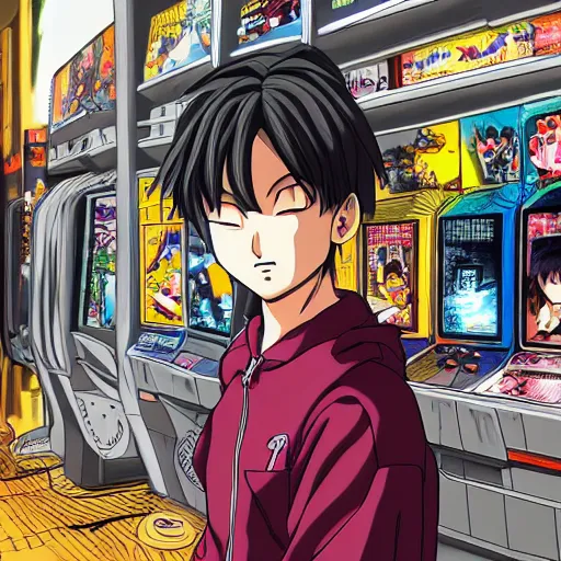 Image similar to manga, realistic lighting, matte colors, made by toriyama akira, front portrait of a girl, jpop clothing, sneaker shoes, arcade cabinet in background