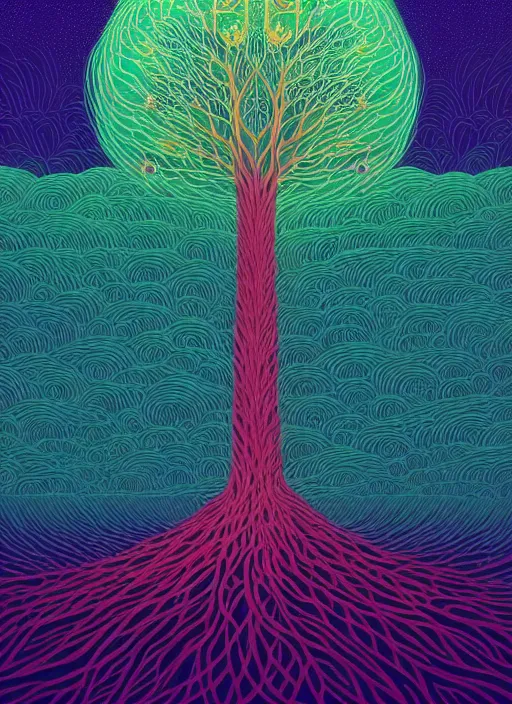 Prompt: prompt! dream symmetry!! stunning portrait of a tree of life!! by victo ngai, kilian eng vibrant colours, dynamic lighting, digital art, winning award masterpiece, fantastically beautiful, illustration, aesthetically inspired by beksinski and dan mumford, trending on artstation, art by greg rutkowski, 8 k