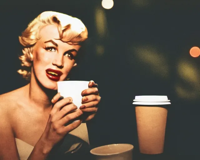 Image similar to A close-up, color cinema film still of a marlin monroe drinking coffee at a starbucks, ambient lighting at night.