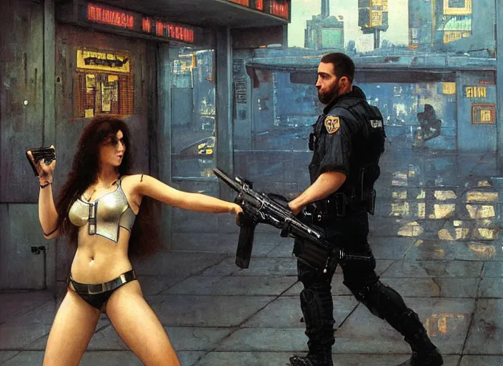 Image similar to Maria evades sgt Griggs. Cyberpunk hacker escaping Menacing Cyberpunk mall cop griggs. (dystopian, police state, Cyberpunk 2077, bladerunner 2049). Iranian orientalist portrait by john william waterhouse and Edwin Longsden Long and Theodore Ralli and Nasreddine Dinet, oil on canvas. Cinematic, vivid colors, hyper realism, realistic proportions, dramatic lighting, high detail 4k