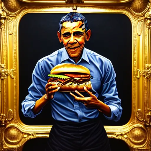 Image similar to intricate oil painting of barrack obama eating a cheese burger sitting on the iron throne, concept art, intricate, highly detailed, 8 k, takeshi obata, alphonse mucha, trending on artstation