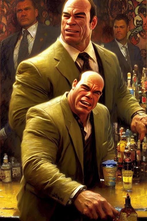 Prompt: hulking jon taffer, balding, wearing suit ogre - like, huge, at a bar, painting by gaston bussiere, craig mullins, greg rutkowski, alphonse mucha