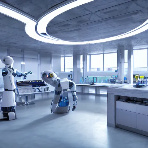 Prompt: futuristic science laboratory filled with robots, photorealistic, ultra - detailed, 4 k high resolution, hdr shot, unreal engine rendering