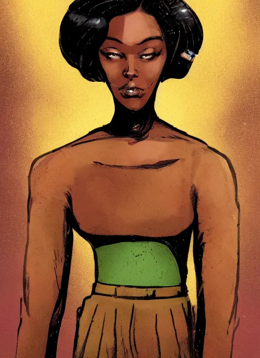 Prompt: An sci-fi comic book style portrait painting of a short, dark-skinned, slender soldier girl wearing a gold and green shirt with short auburn hair that comes almost to her shoulders with brown eyes that look almost black with flecks of gold in them. The girl has a medium-sized scar on the upper right side of her head, unreal 5, DAZ, hyperrealistic, octane render, cosplay, RPG portrait, dynamic lighting