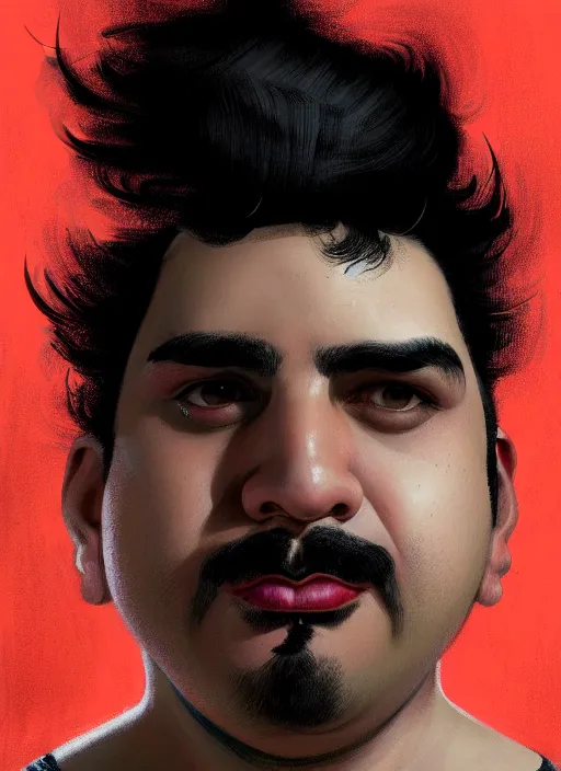 Prompt: portrait of a plump latino man with a crooked nose and a confident expression, 1 9 6 0 s, black clothes, goth, punk, brightly coloured hair, funk, intricate, elegant, highly detailed, digital painting, artstation, concept art, smooth, sharp focus, illustration, art by wlop, mars ravelo and greg rutkowski