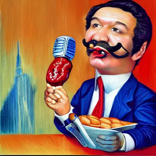 Prompt: a photorealistic impressionist painting of a handsome news reporter with a symmetric face interviewing with a sausage as a microphone, a frankfurter sausage as microphone, breaking news, in the style of dali