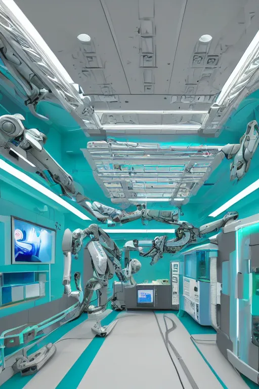 Prompt: interior of robotic medical facility, mecha, teal, highly detailed