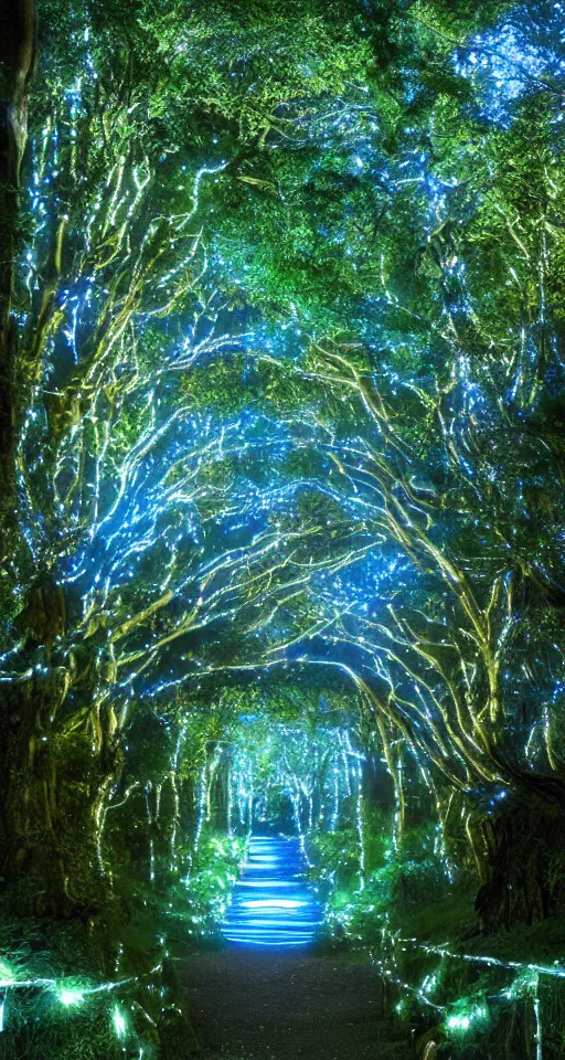 Image similar to a winding pathway through lothlorien, illuminated by an otherworldly glow