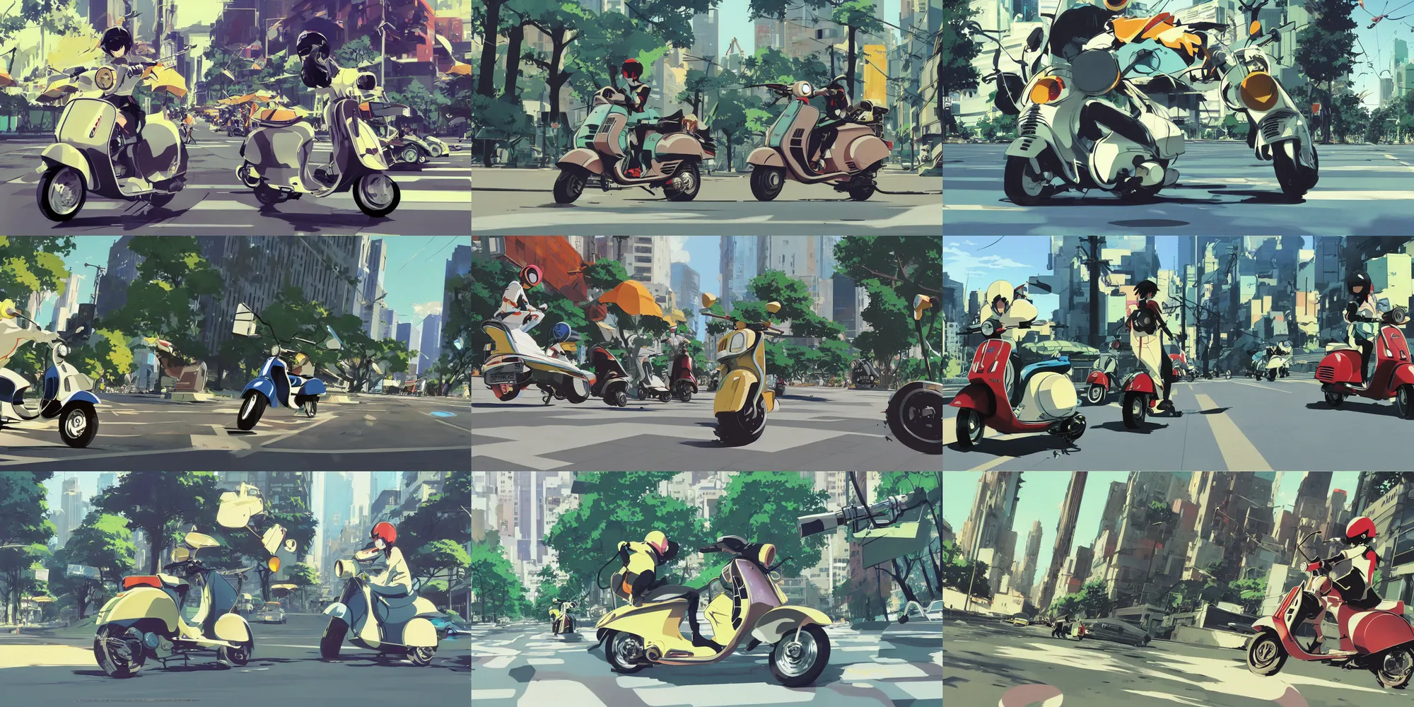 Prompt: vespa action shot racing through the city of trees flcl by makoto shinkai concept art by syd mead