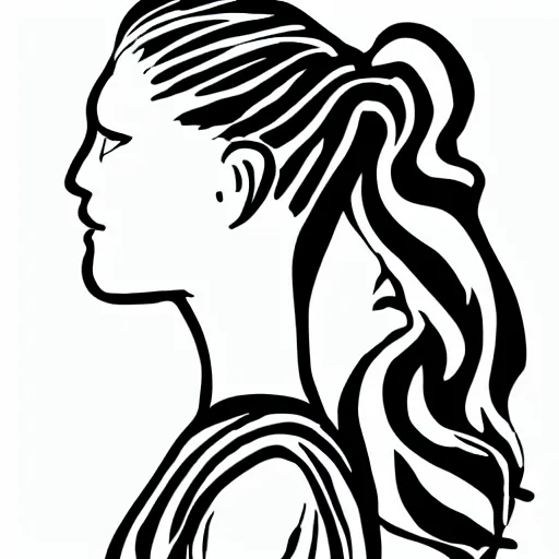 Image similar to a black and white drawing of the silhouette of a woman with long curly in a ponytail hair using a dress