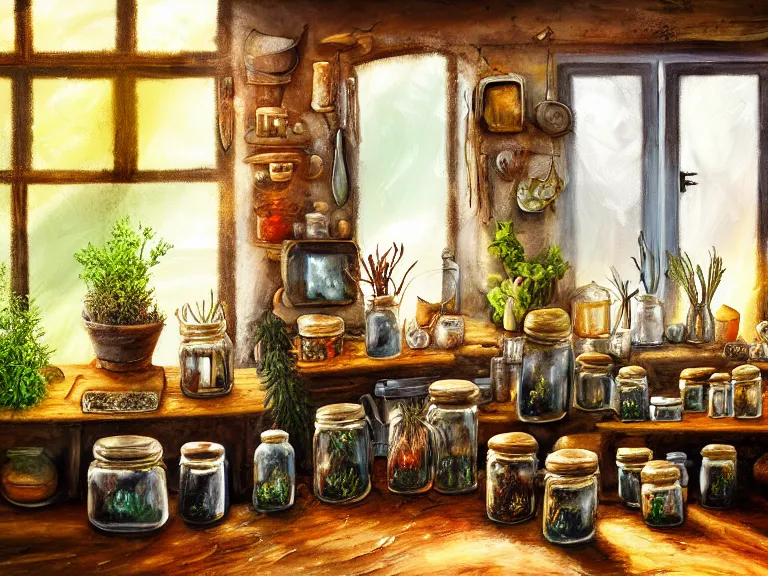 Prompt: expressive rustic oil painting, interior view of a cluttered herbalist cottage, waxy candles, jars on wall, wood furnishings, herbs hanging, light bloom, dust, ambient occlusion, morning, rays of light coming through windows, dim lighting, brush strokes oil painting