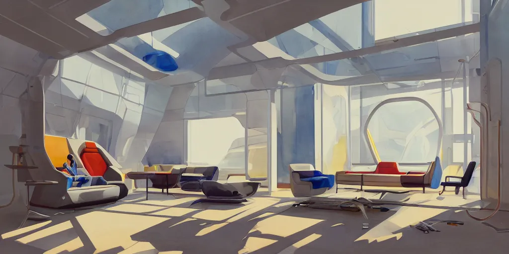 Image similar to a beautiful illustration of futuristic interior studio, lots of furniture, sofa, waiting room, big medium small, sacred geometry, golden ratio, in watercolor gouache detailed paintings, in style of syd mead, trending on artstation, 8 k, panel, hard surface, vent, zaha hadid, props, plant, cozy, decoration,, simon stalenhag, deus ex