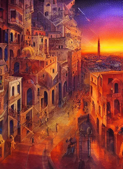 Image similar to ethereal starlit city of magic lost in time at sunset, italian futurism, da vinci, hd, digital painting