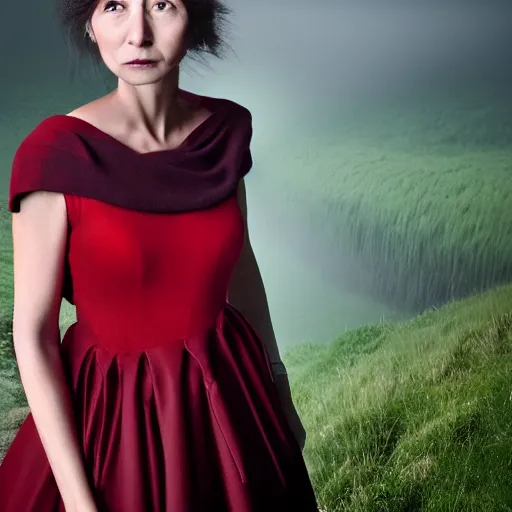 Prompt: Portrait of a woman looking straight ahead, seeing Dahl, nature, she stands in the mist, at dawn, a black-haired woman in a red dress 14k