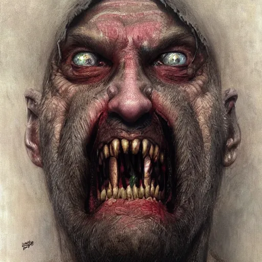 Image similar to vladimir putin, putin is bald caveman, vladimir putin awe face, toothless horror macabre face, clown nose, by donato giancola and greg rutkowski and wayne barlow and zdzisław beksinski, realistic face, digital art