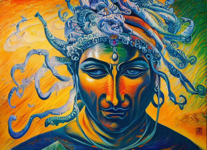 Prompt: an oil on canvas painting of Shiva, by Dan Mumford and Umberto Boccioni, sanskrit, 3d, realistic shading, complimentary colors, aesthetically pleasing composition, masterpiece, 4k, 8k, ultra realistic, super realistic