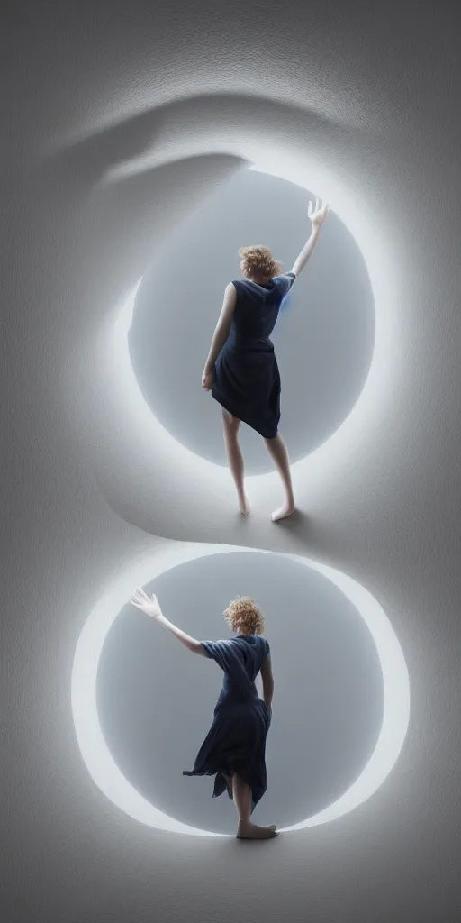 Image similar to a beautiful painting of a fully clothed woman emerging from a stargate by francesca woodman by octane render blender 8 k isometric dof spot lighting