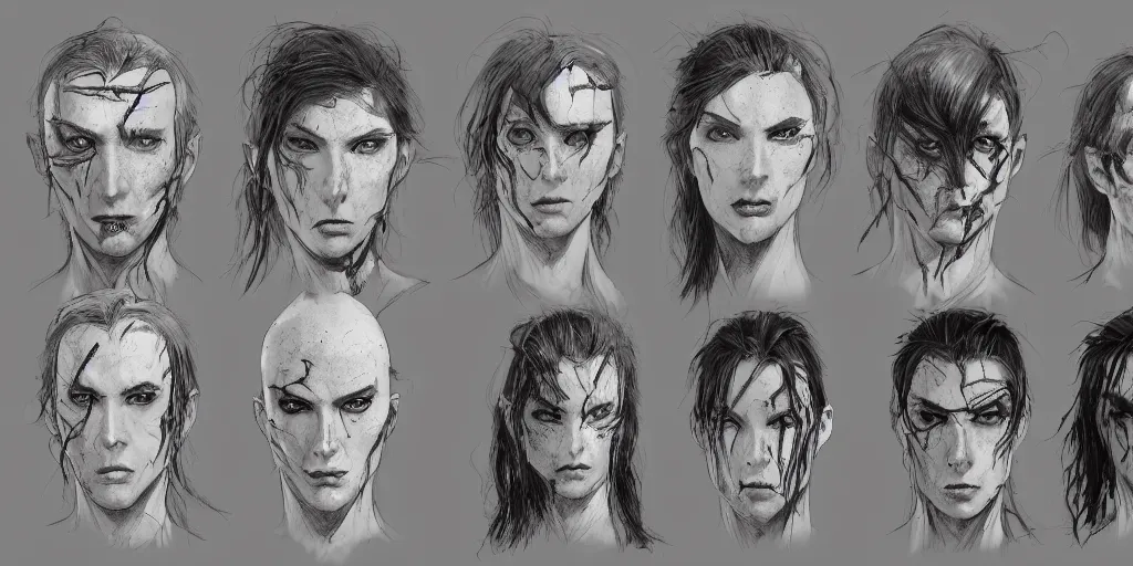 Image similar to gothic character head detail designs, Milo Manara, Greg Rutkowski, character sheet, Darek Zabrocki, Karlkka, Jayison Devadas, Phuoc Quan, trending on Artstation, 8K, ultra wide angle, pincushion lens effect