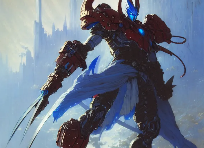 Image similar to character design digital 2 d man viking cape evangelion cyborg blue armor sword of fire by gaston bussiere, anna nikonova aka newmilky, greg rutkowski, yoji shinkawa, yoshitaka amano, tsutomu nihei, muira, moebius, donato giancola, trending on artstation, featured on pixiv