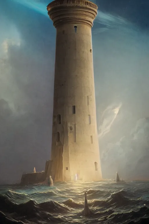 Image similar to Detailed Exterior Shot of The Lighthouse of Alexandria, light of god, light shafts, flock of birds, stunning atmosphere, in Style of Peter Mohrbacher, cinematic lighting