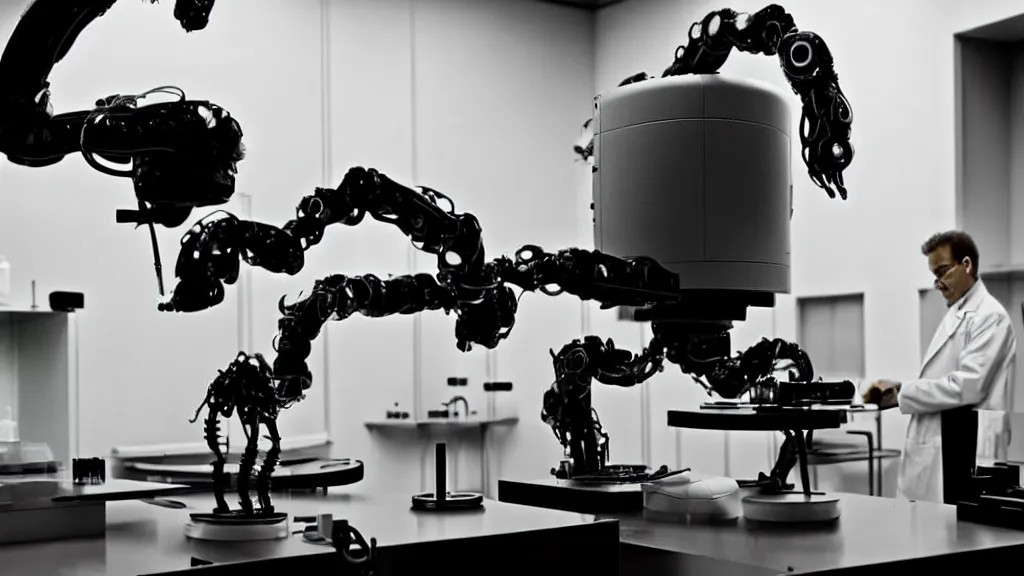 Image similar to a complex bifurcated robotic cnc surgical arm hybrid mri 3 d printer machine making black and white ceramic mutant forms in the laboratory inspection room, film still from the movie directed by denis villeneuve with art direction by salvador dali, wide lens