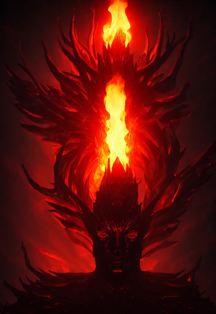 Prompt: the dark deity is reborn from the fire, dark and mysterious, atmospheric, ominous, eerie, cinematic, cinematic, 4k, ultra detail, ultra realistic