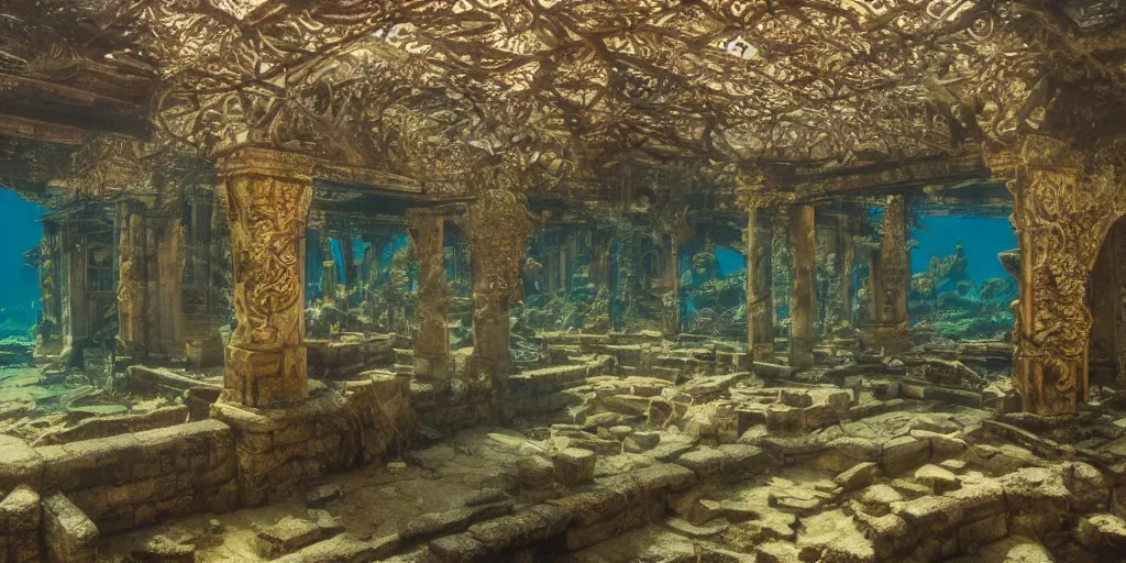 Image similar to mc donald's ruins underwater, wide shot, intricate details, caustics