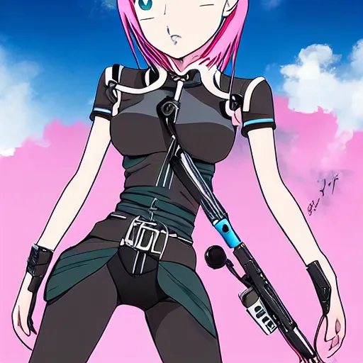 Image similar to pink haired child posing atop a giant robot, anya, spy x family manga, anime, by tatsuya endo