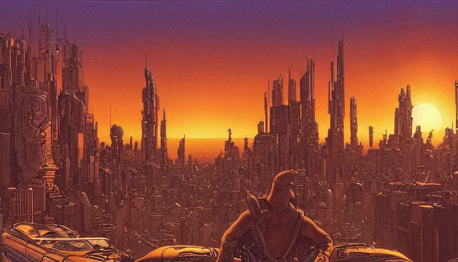 Image similar to Sun setting in a utopian futuristic cityscape with a bounty hunter in the foreground, by Jean Giraud, by Moebius, highly detailed, oil on canvas