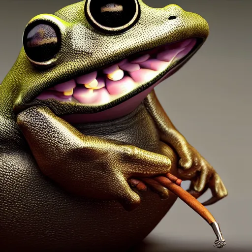 Image similar to a high quality photo of an antropomorphic frog wearing a suit smoking a cigar, 3d scene, render, ultra realistic, artstation, cgsociety