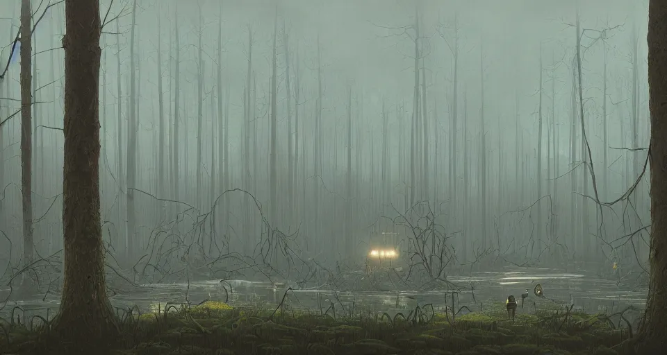 Prompt: A dense and dark enchanted forest with a swamp, by simon stalenhag