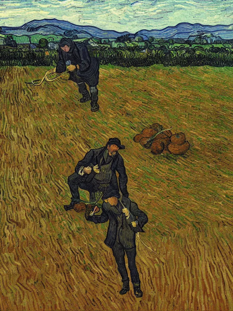 Prompt: john wick farming potatoes in the field, oil painting in van gogh style