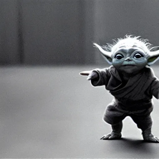 Image similar to a film still of baby yoda's kid training in star wars realistic, detailed