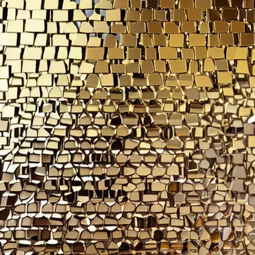 Prompt: a wall made of geometric gold pieces overlaying each other. The wall is bordered by a copper tinted mirror.