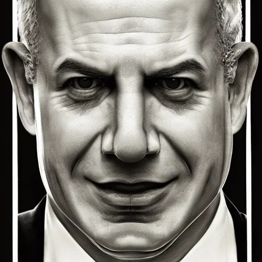 Image similar to portrait of benjamin netanyahu as the psycho killer, highly detailed, horror lighting, evil, by hugh kretschmer and norman rockwell