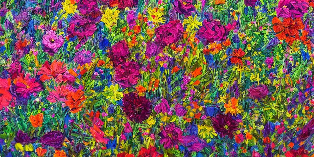 Image similar to flowers landscape, by jenny brozek and adrien cantone, intricate, sharp focus, detailed, lively colors