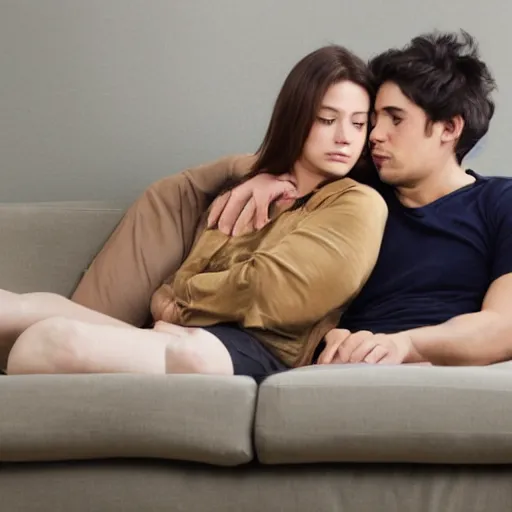 Image similar to a sad couple on a couch