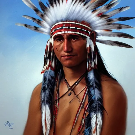 Image similar to painting portrait of a native american wearing a white feather headdress, artstation, ultra detailed