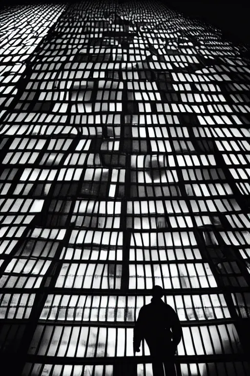 Image similar to view from below, man in reflective jacket closeup, night, the barbican behind, fashion photography, 3 5 mm photography, exposed b & w photography