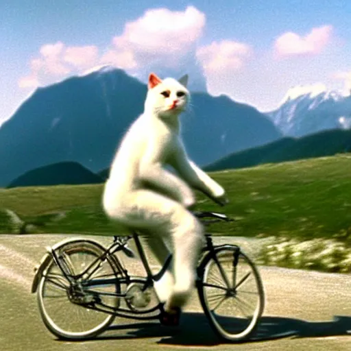 Prompt: a white cat riding a bicycle, austria, film still, sound of music, 4 k, 8 k